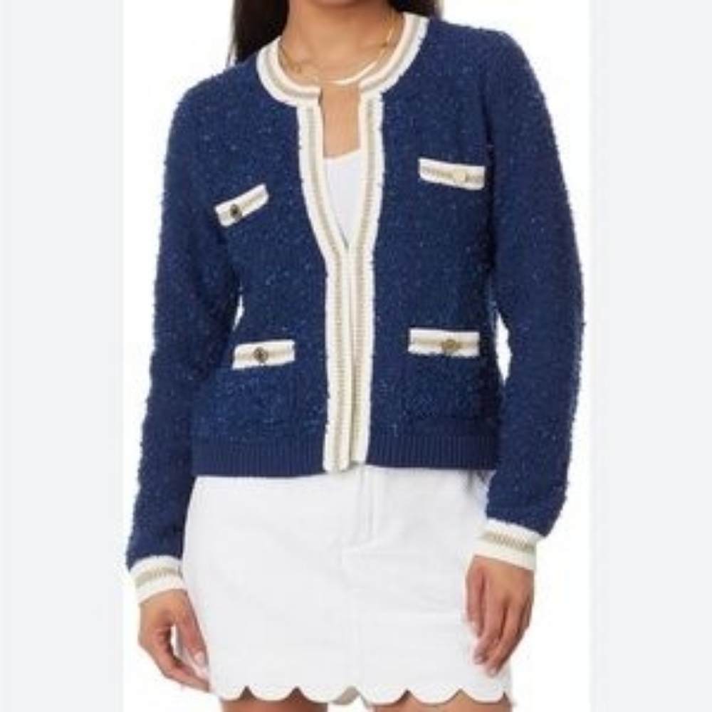 Lilly Pulitzer Nalayna Cardigan Low Tide Navy Gold Metallic M